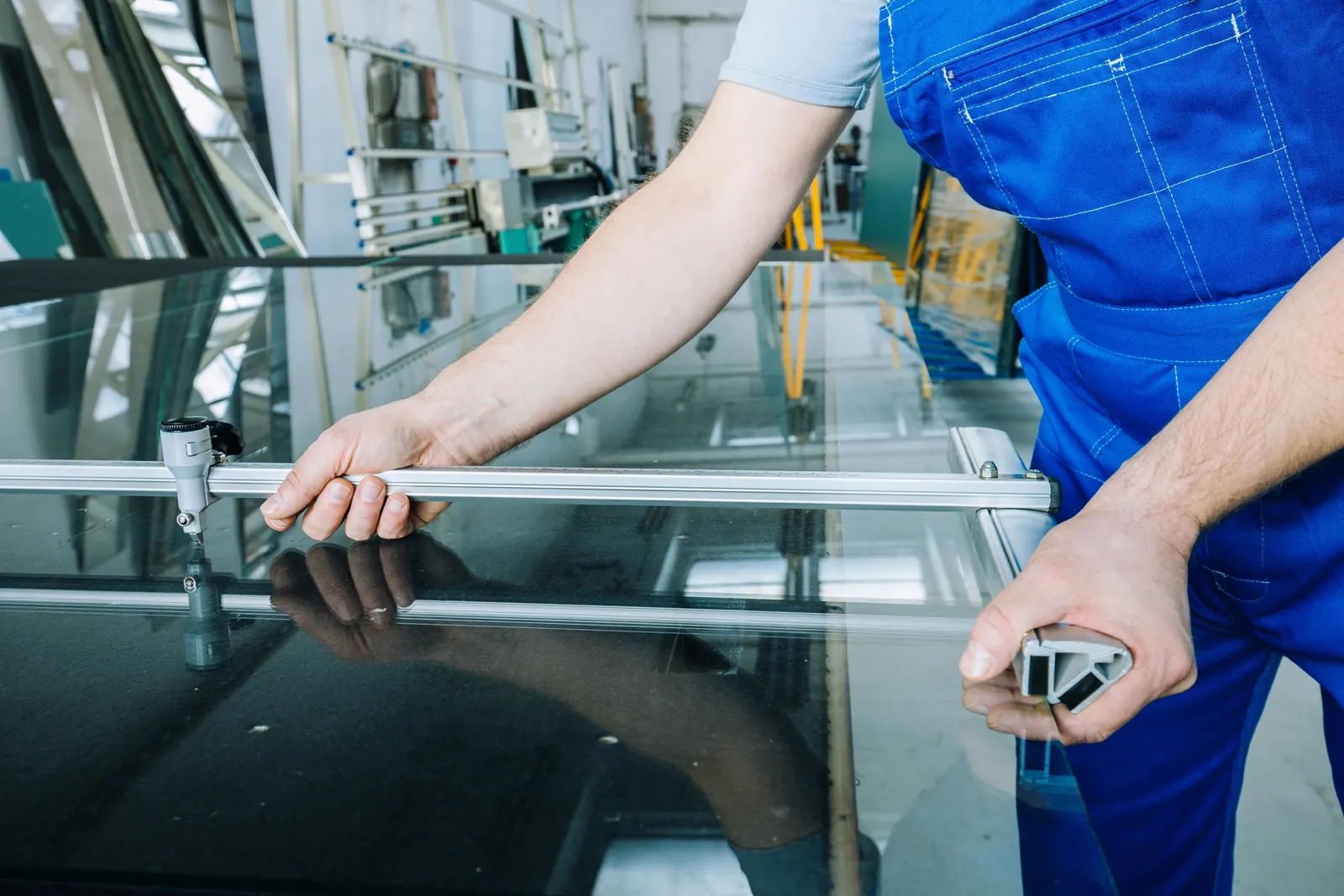 Façonnage d'un plateau de verre sur l'établi de l'atelier